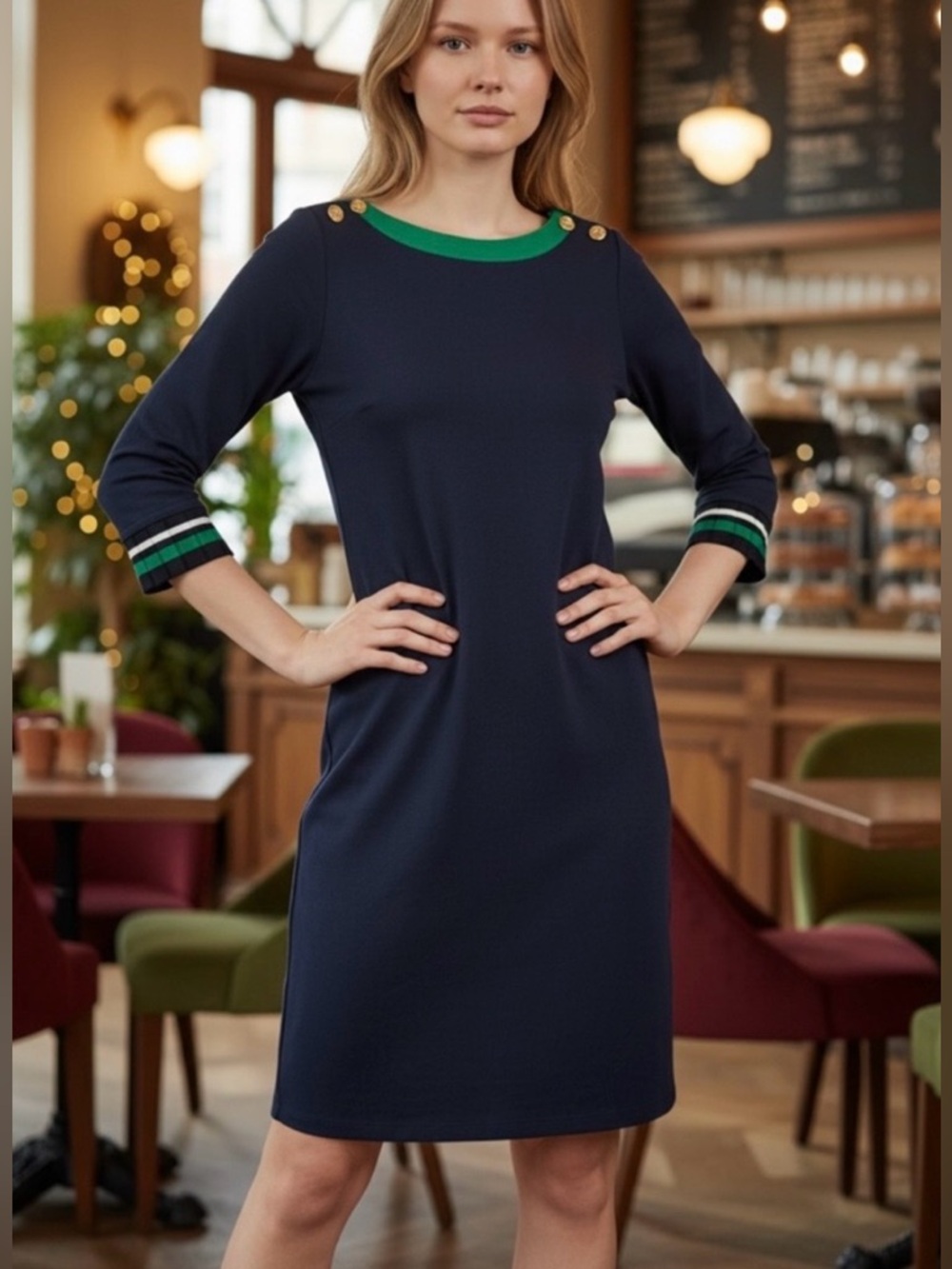 Talbots Navy Cotton Knit 3/4 Sleeve Dress SZ XS Modern Classic Professional